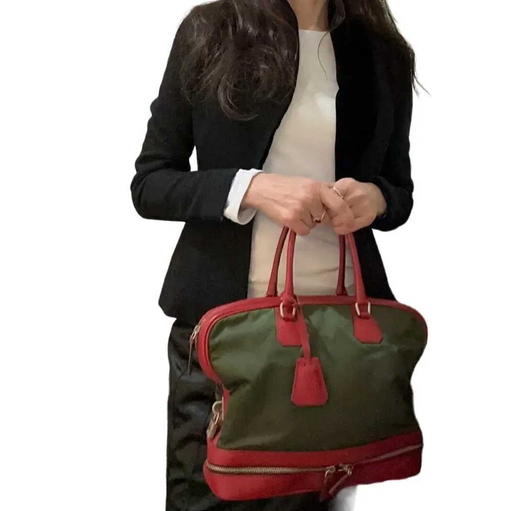 Auth Prada red leather and green nylon hand bag - Picture 15 of 16